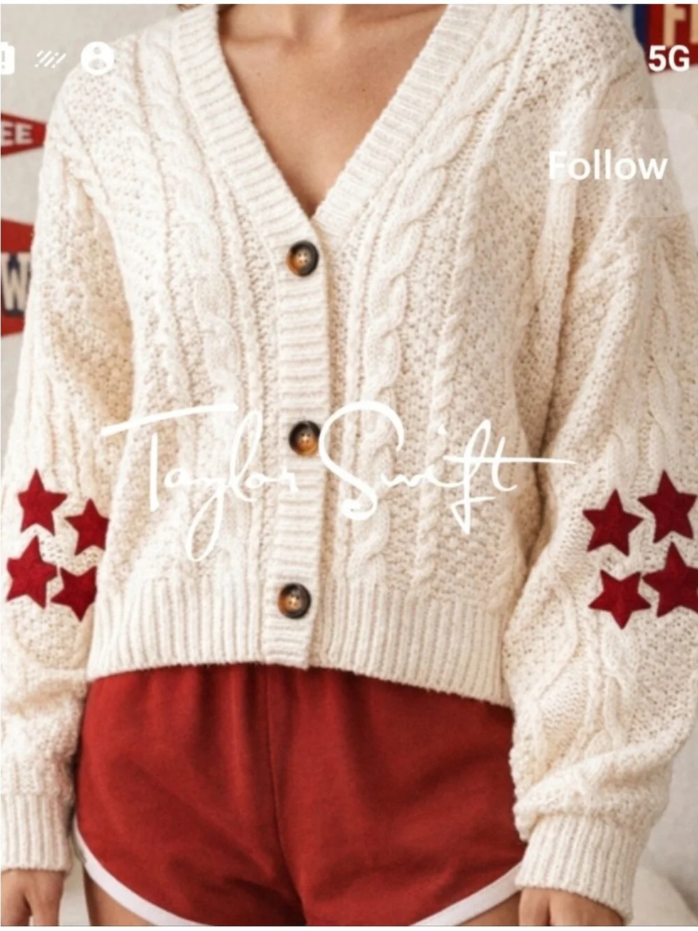 Taylor Swift Cream Cable Knit Button-Front Red star cardigan Med/ Large sweater - Picture 2 of 9